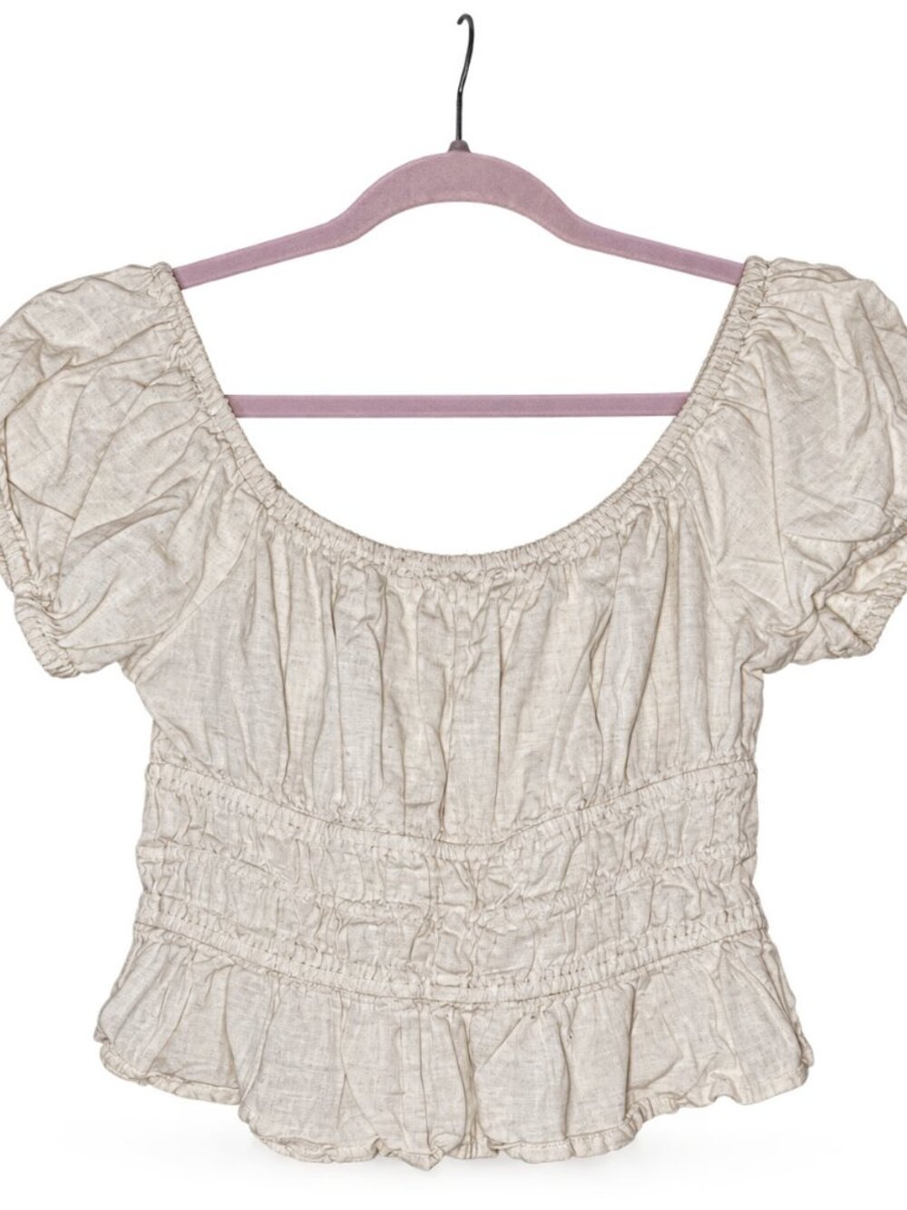 SIM & SAM Cream Off Shoulder Smocked Peplum Top M